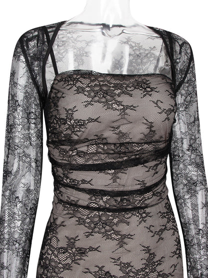 Trumpet Dress Lace-up Cutout Floral Embroidery Long Sleeves Prom Dresses