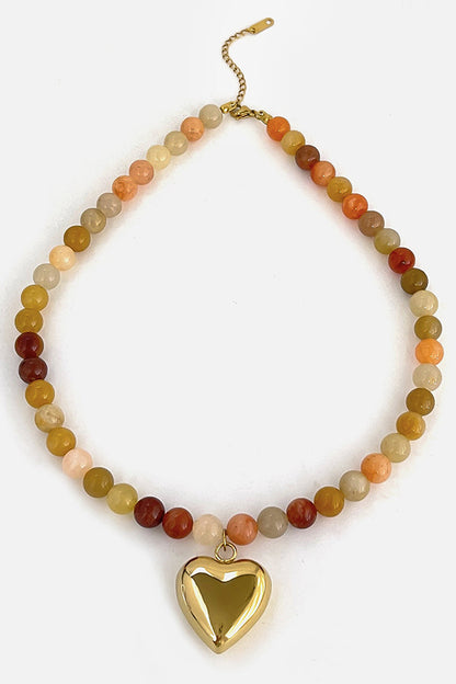 Multicolor Mixed Beaded Heart Pendant Necklace