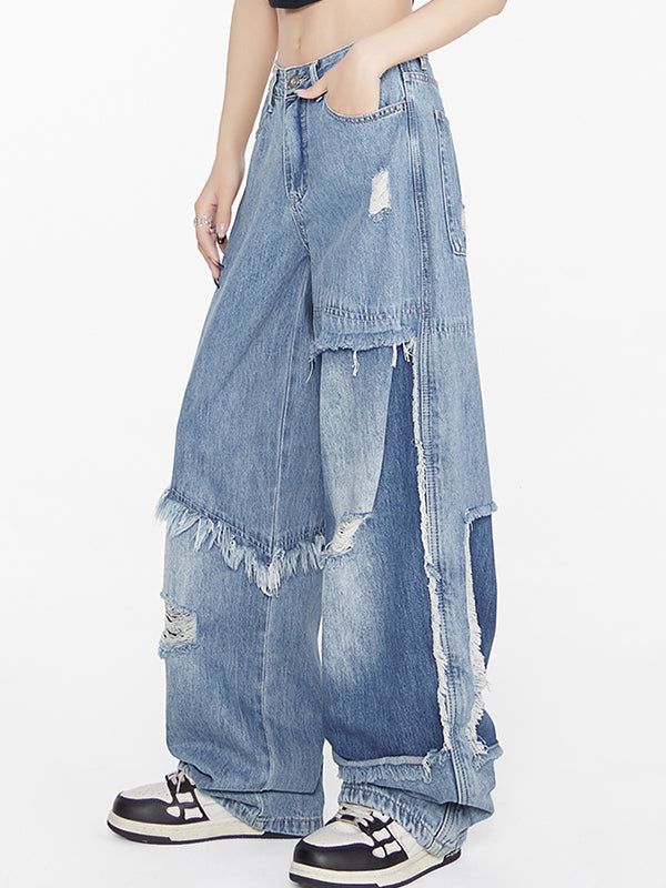 Niche slimming straight wide legs Ripped Jeans