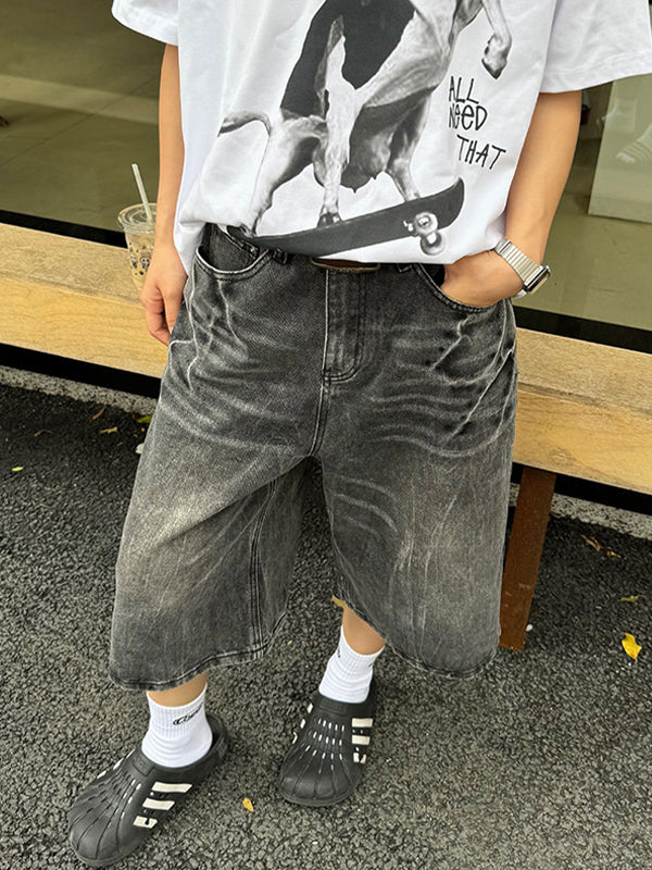 Vintage Washed Lightning Bolt Pattern Denim Shorts