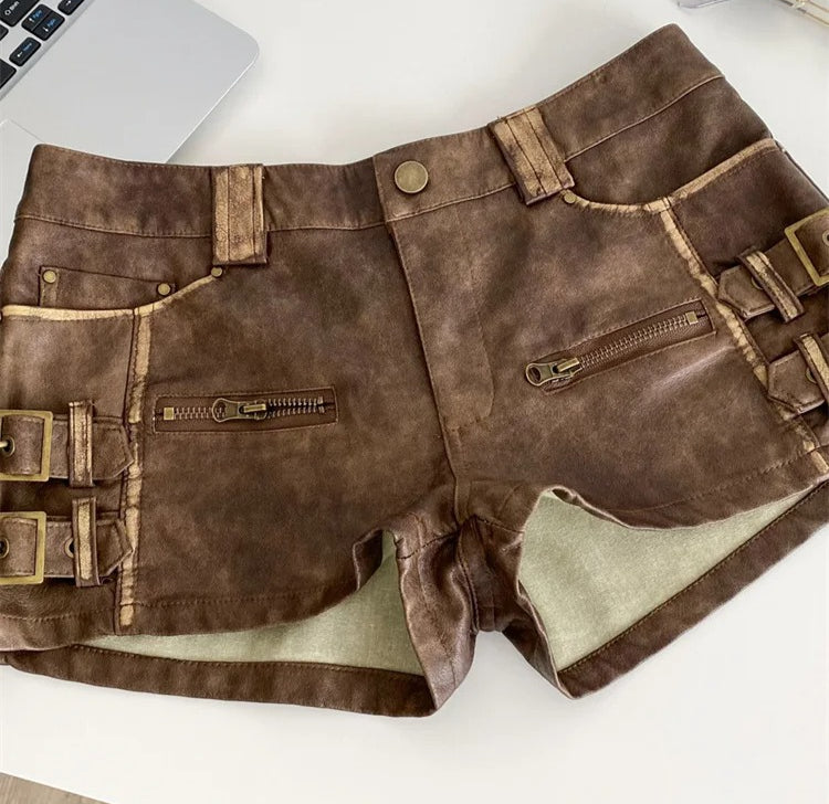 Vintage Zipper Detail Leather Shorts