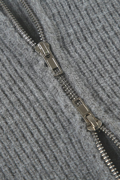 Minimalist Solid Color Double Zipper Stand Collar Sweater