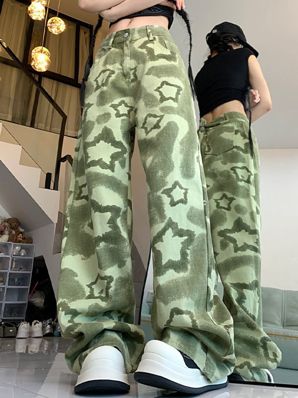 Green Camouflage Work Clothes Boyfriend Jeans