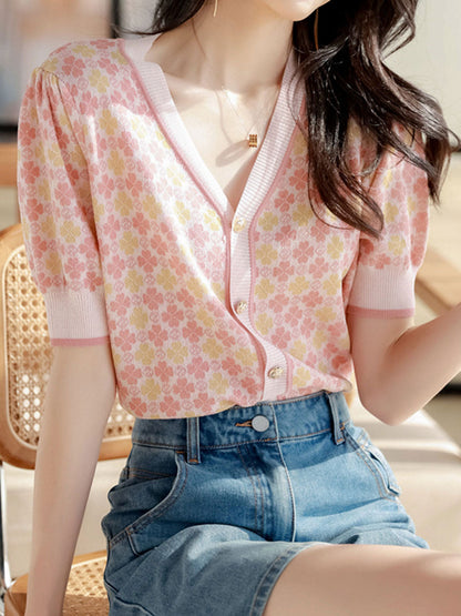 Sophia Vintage V-neck Printed Jacquard Cardigan