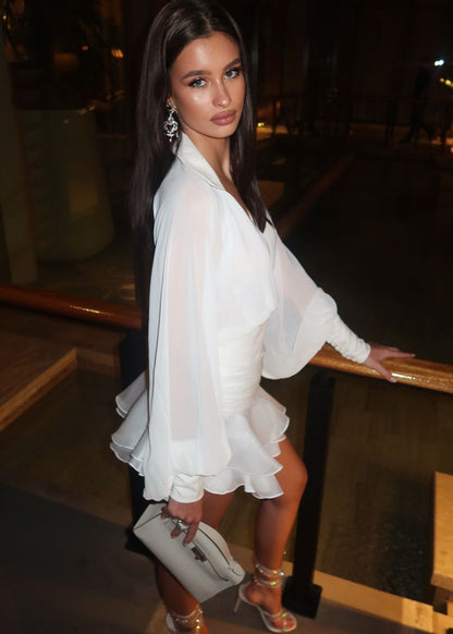 White Chiffon Mini Dress – Long Sleeve Open Back Ruffle Hem Party Dress