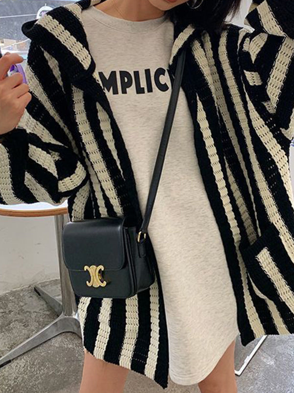 Knit Contrast Color Stripe Hooded Cardigan