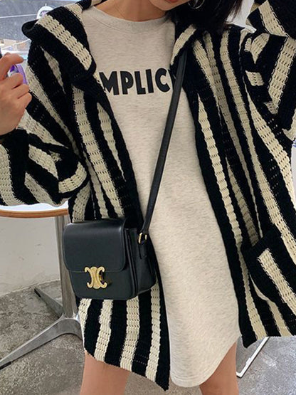 Knit Contrast Color Stripe Hooded Cardigan