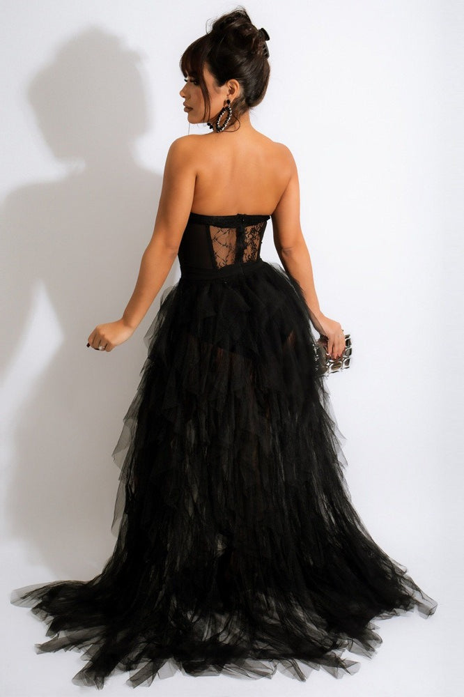 Sheer Lace Bustier Formal Dress