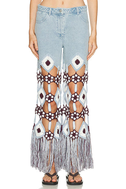 Belma Denim Handmade Embroidered Floral Crochet Detail Tassel Hem Pocket Jeans