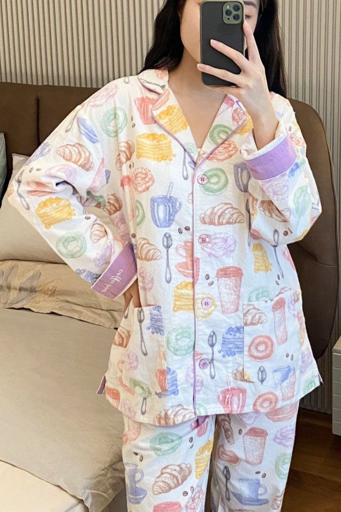 Conjunto de pijama con estampado de té con leche y pan