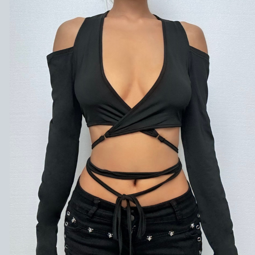 Long sleeve slit v neck off shoulder self tie crop top  | Festival Outfits Women