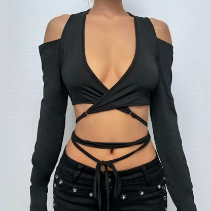 Long sleeve slit v neck off shoulder self tie crop top  | Festival Outfits Women