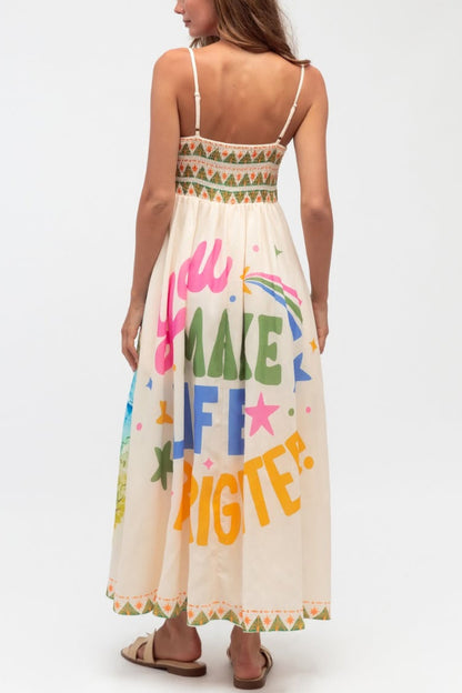 Unique Printed Spaghetti Strap Pleated Casual Maxi Dress