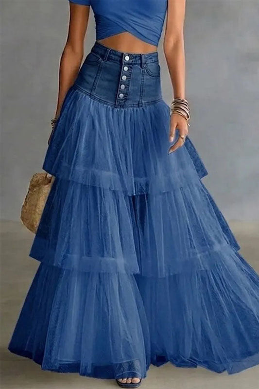 Y2K Fairycore Denim Corset Waist Tulle Maxi Skirt