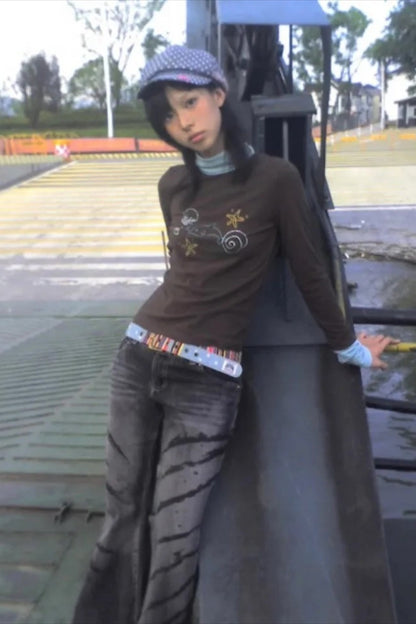 Y2k Grunge Patchwork Diamond Print Turtleneck Knit Top