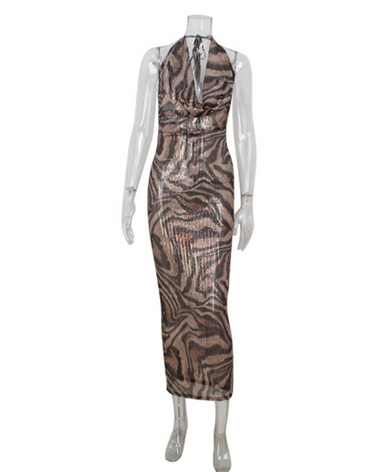 V Neck Leopard Print High Waist Slim Pack Hip Dress