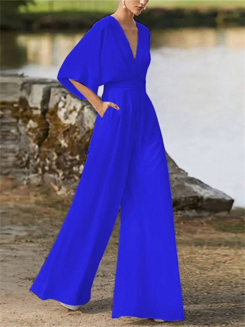 Women's Stylish V-Neck Wide-Leg Jumpsuit with Batwing Sleeves | Ideal for Spring/Summer