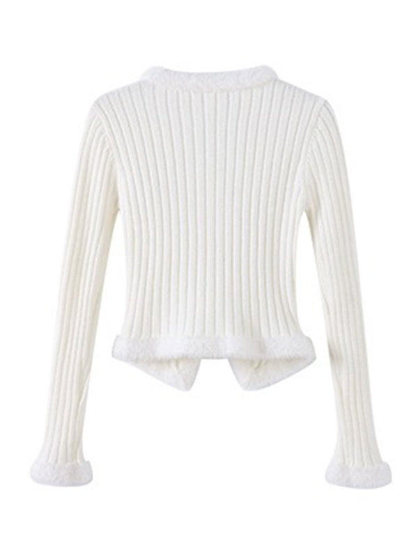 Solid V Neck Fuzzy Trim Slim Ribbed Knit Cardigan