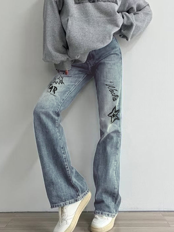 Star Letter Graffiti Print Flare Jeans