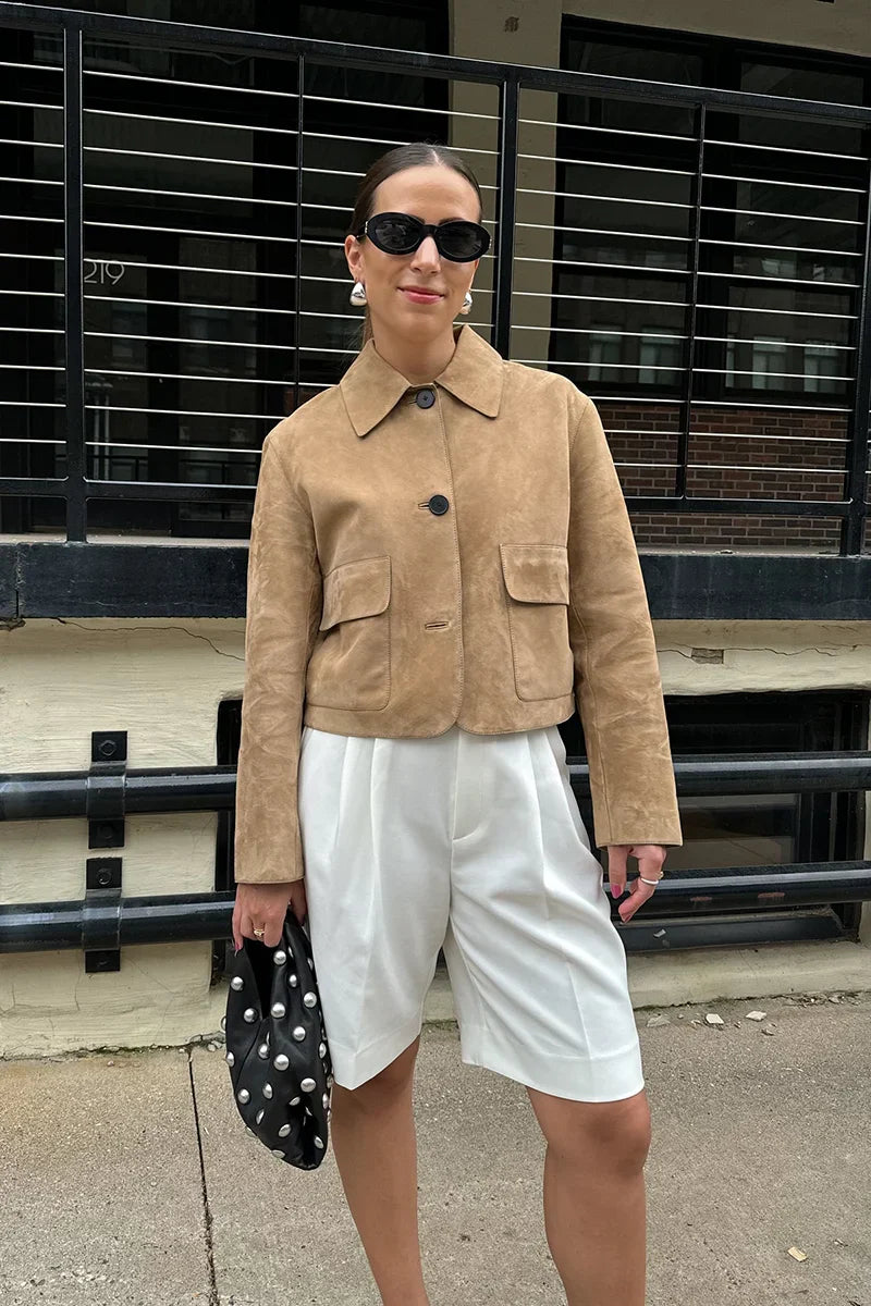 Chaqueta de piel de ante dividida con bolsillo