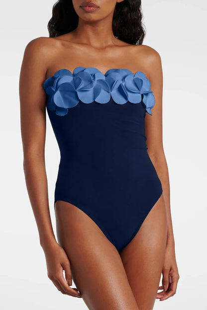 Traje de baño sin tirantes con estampado floral 3D azul