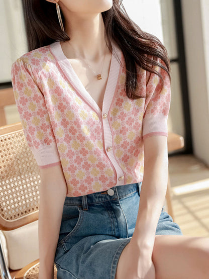 Sophia Vintage V-neck Printed Jacquard Cardigan