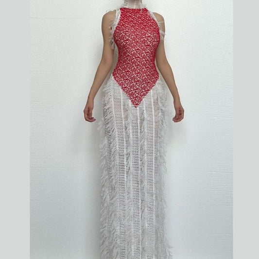 High neck patchwork tassels backless maxi dress  | Festival Outfits Women