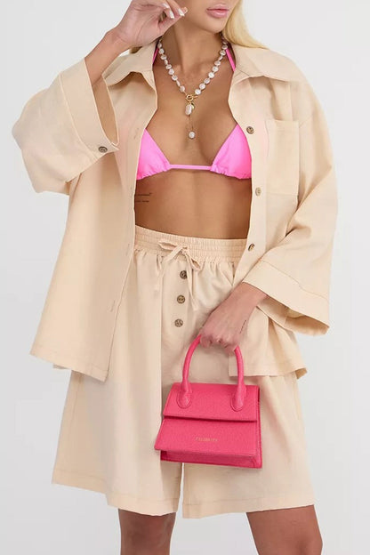Solid Color Shirt Single-breasted Bermuda Shorts Set