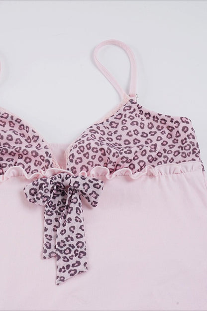 Sweet Leopard Patchwork Bow Lace Cami Top