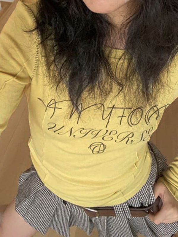 Letter Print Splice Slim Long Sleeve Tee