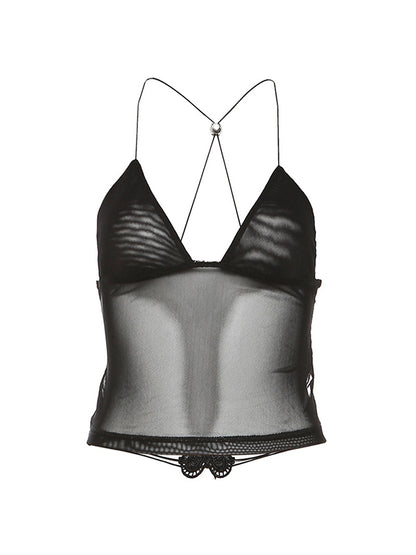Mesh Butterfly Embroidery Backless Halter Vest
