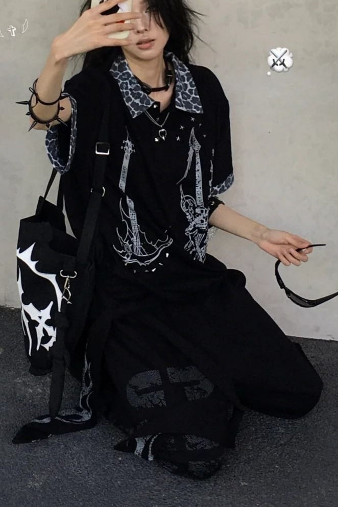 Grunge Leopard Sickle Patchwork Loose Unisex T-shirt