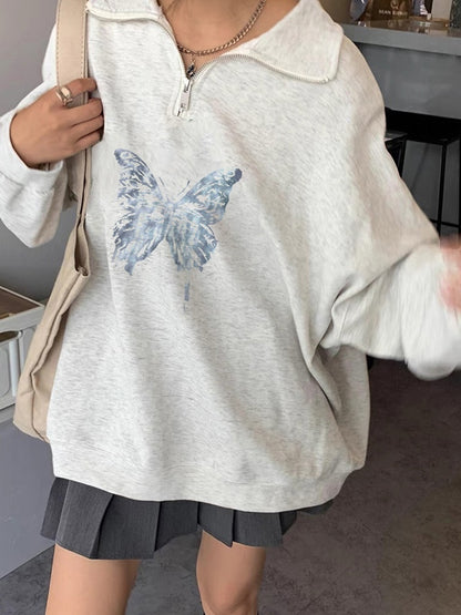 Vintage Butterfly Print Half Zipper Sweatshirt