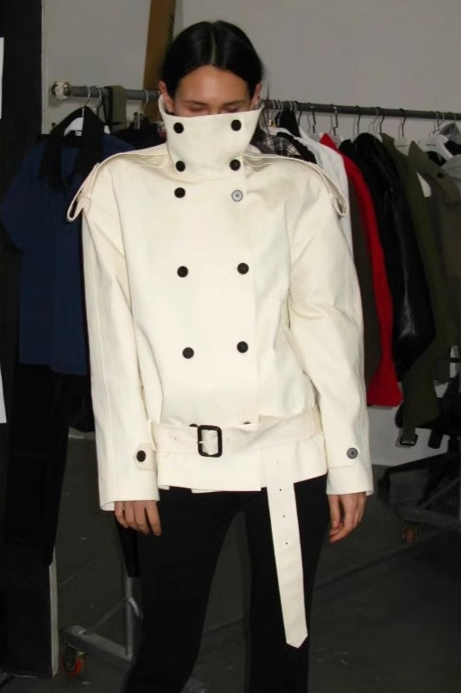 Stand Collar Curved Shoulder Short Low-waist  Coat
