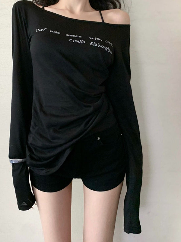 Letter Print One Shoulder Thin Long Sleeve Tee