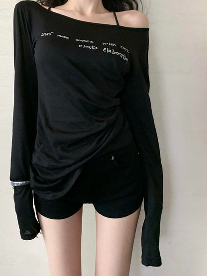 Letter Print One Shoulder Thin Long Sleeve Tee