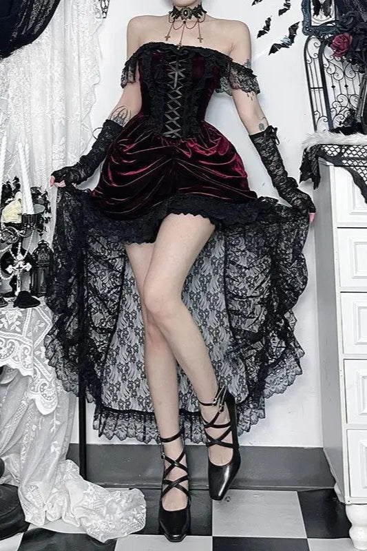 Elegant Dark Red Velvet Lace Midi Dress