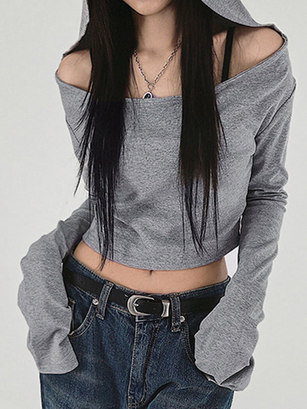 Off Shoulder Hooded Long Sleeve Tee