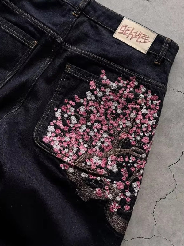 American Vintage Plum Flower Embroidery Boyfriend Jeans