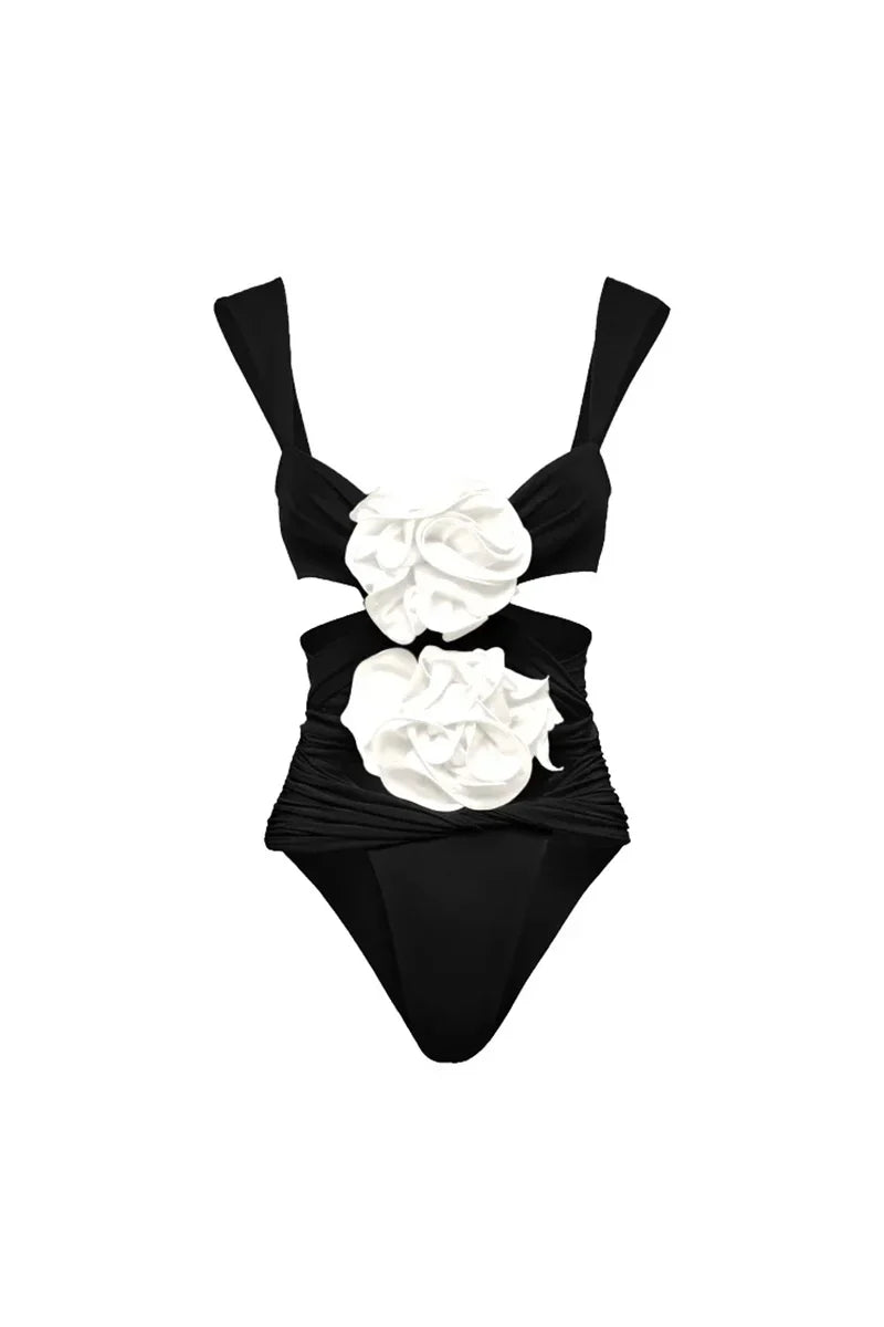 3D Floral Black Swimsuit Set