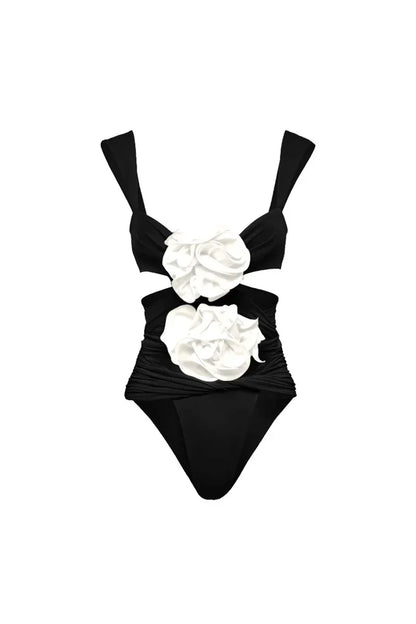 3D Floral Black Swimsuit Set