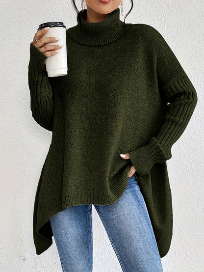 Jersey holgado de cuello alto con bajo asimétrico para mujer | Ideal para otoño/invierno