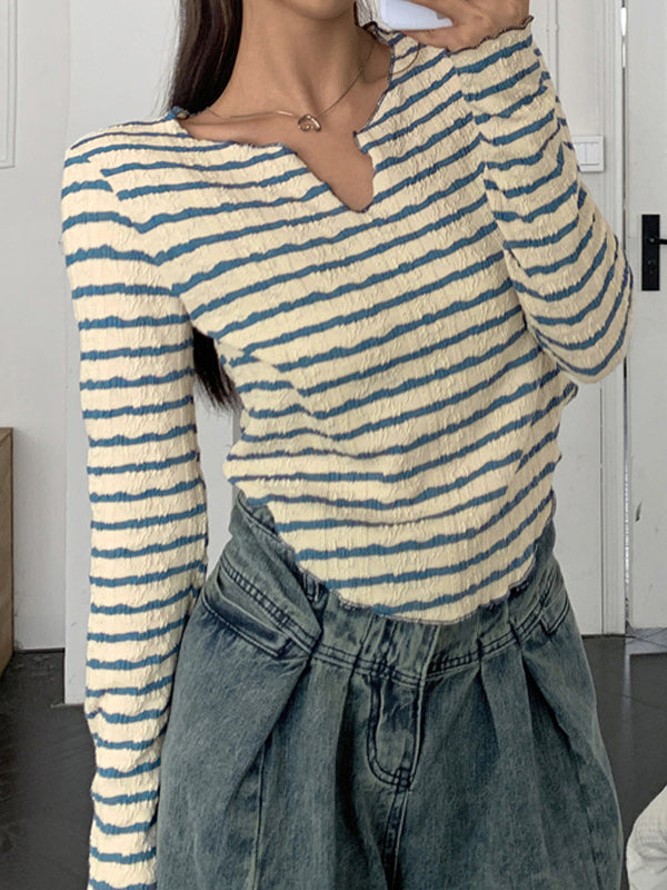 Textured Stripe V Neck Irregular Hem Long Sleeve Tee