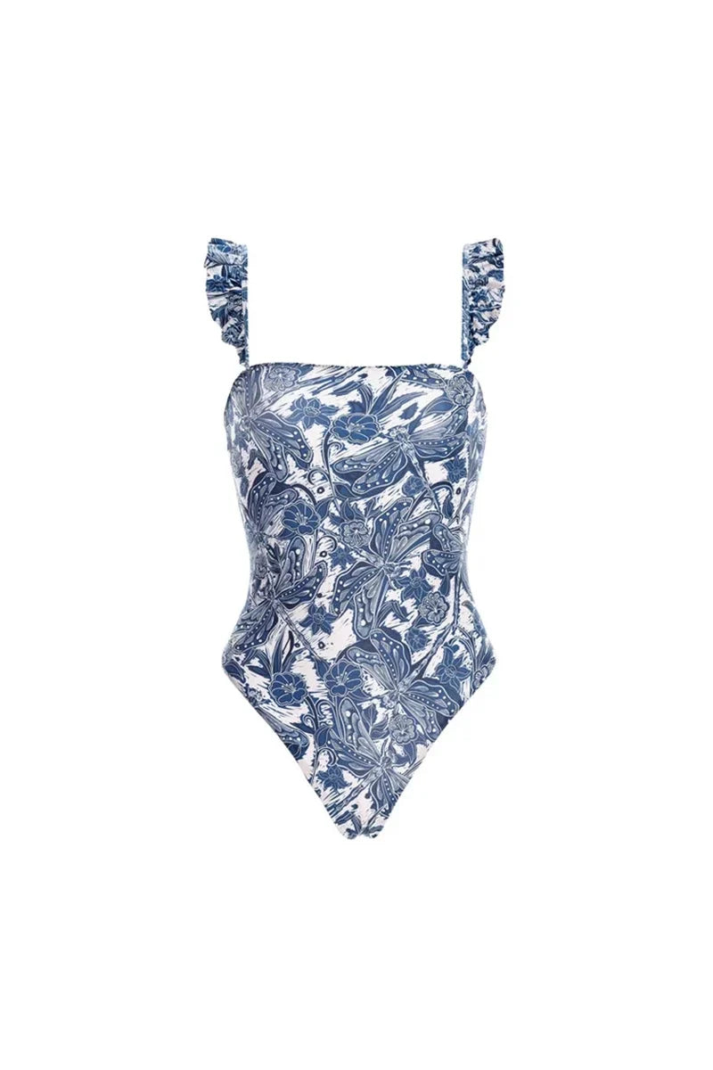 Conjunto de traje de baño con falda con volantes de libélula azul