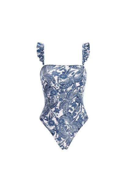 Conjunto de traje de baño con falda con volantes de libélula azul