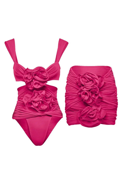 3D Floral Cutout Strappy Swimsuit Set