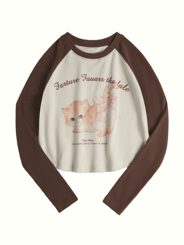 Kitten Print Raglan Long Sleeve Tee