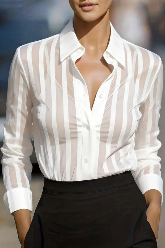 Stylish Sheer Striped Collared Long-sleeved Loose Casual Shirt