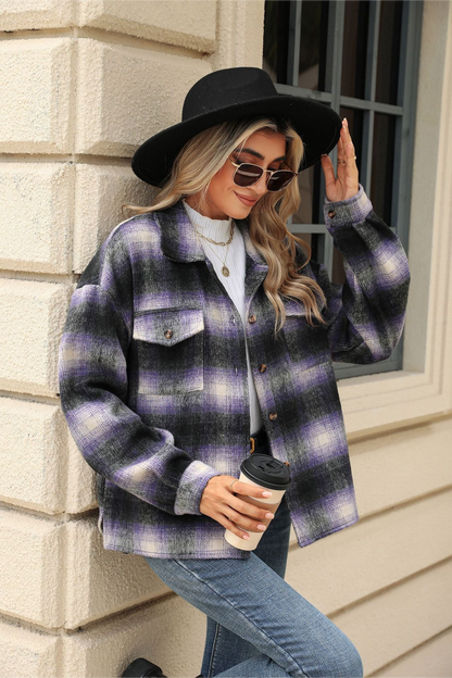 Loose Plaid Lapel Faux Wool Long Sleeve Coat