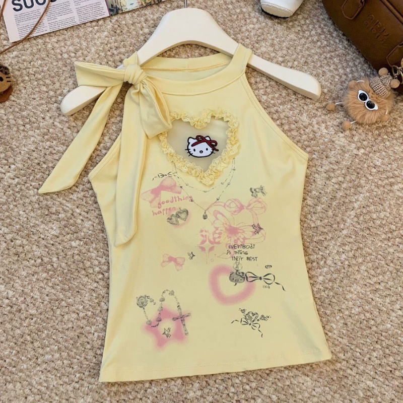 Self tie ruffle " hello kitty " pattern top  | Festival Outfits Women